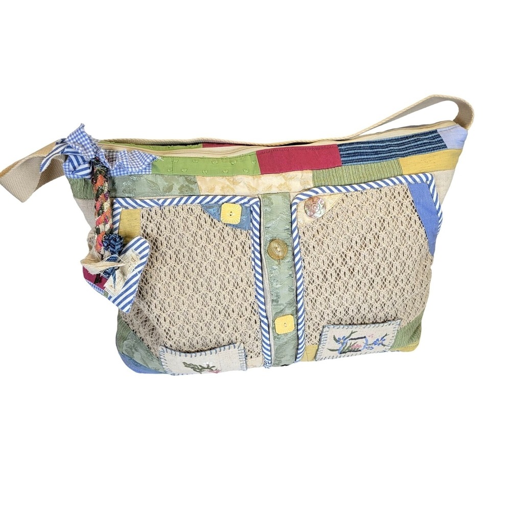 Handmade‎ Grannycore Patchwork Shoulder Bag Embroidered Floral Pockets Buttons - Picture 3 of 16